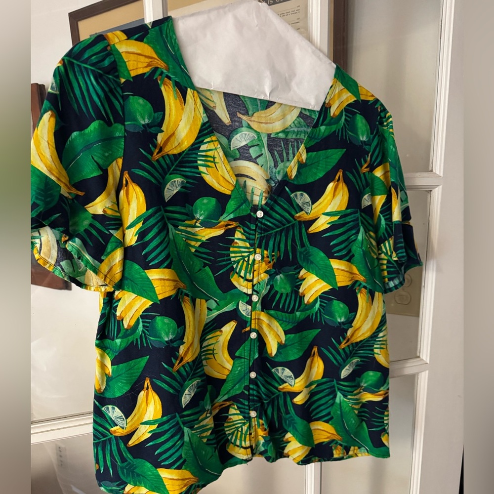 Tropical Print Button-Up Blouse